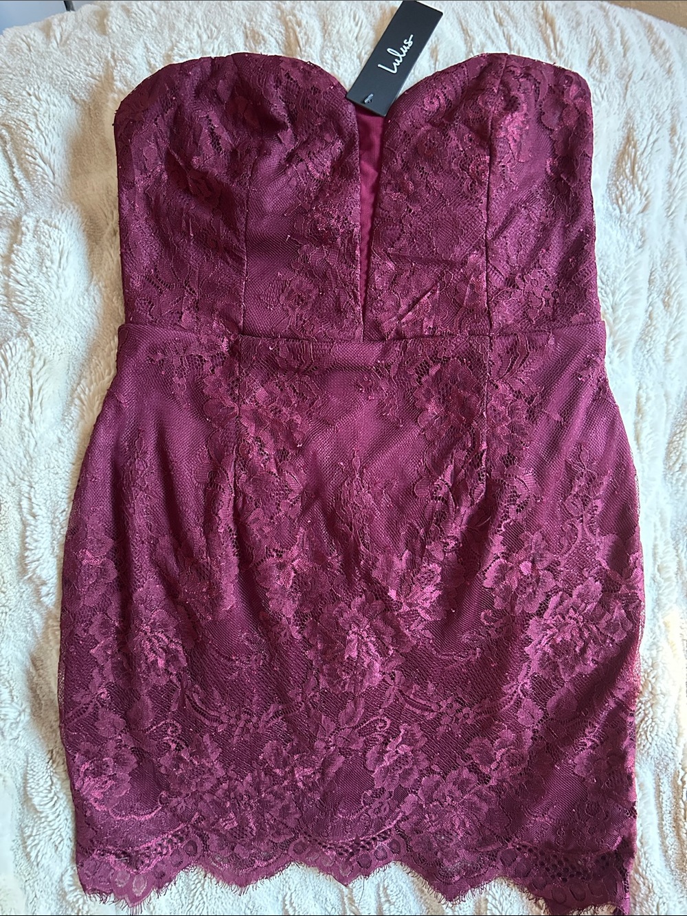 Lulu's Strapless Wine Lace Sheath Dress